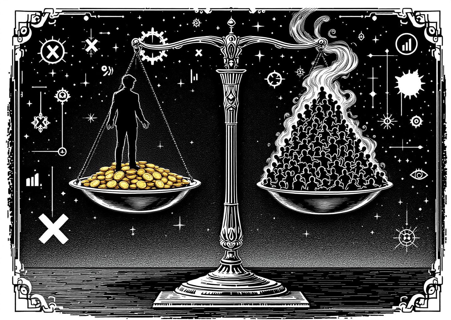 A Victorian engraving style illustration depicting a scale. On one side, a single, detailed, high-quality human silhouette stands on a small pile of gold coins. On the other side, a massive pile of indistinct, ghost-like silhouettes weighs the scale down, but they are made of smoke. In the background, subtle elements of the X logo, upward-trending charts, and neural network patterns are etched into the scene.