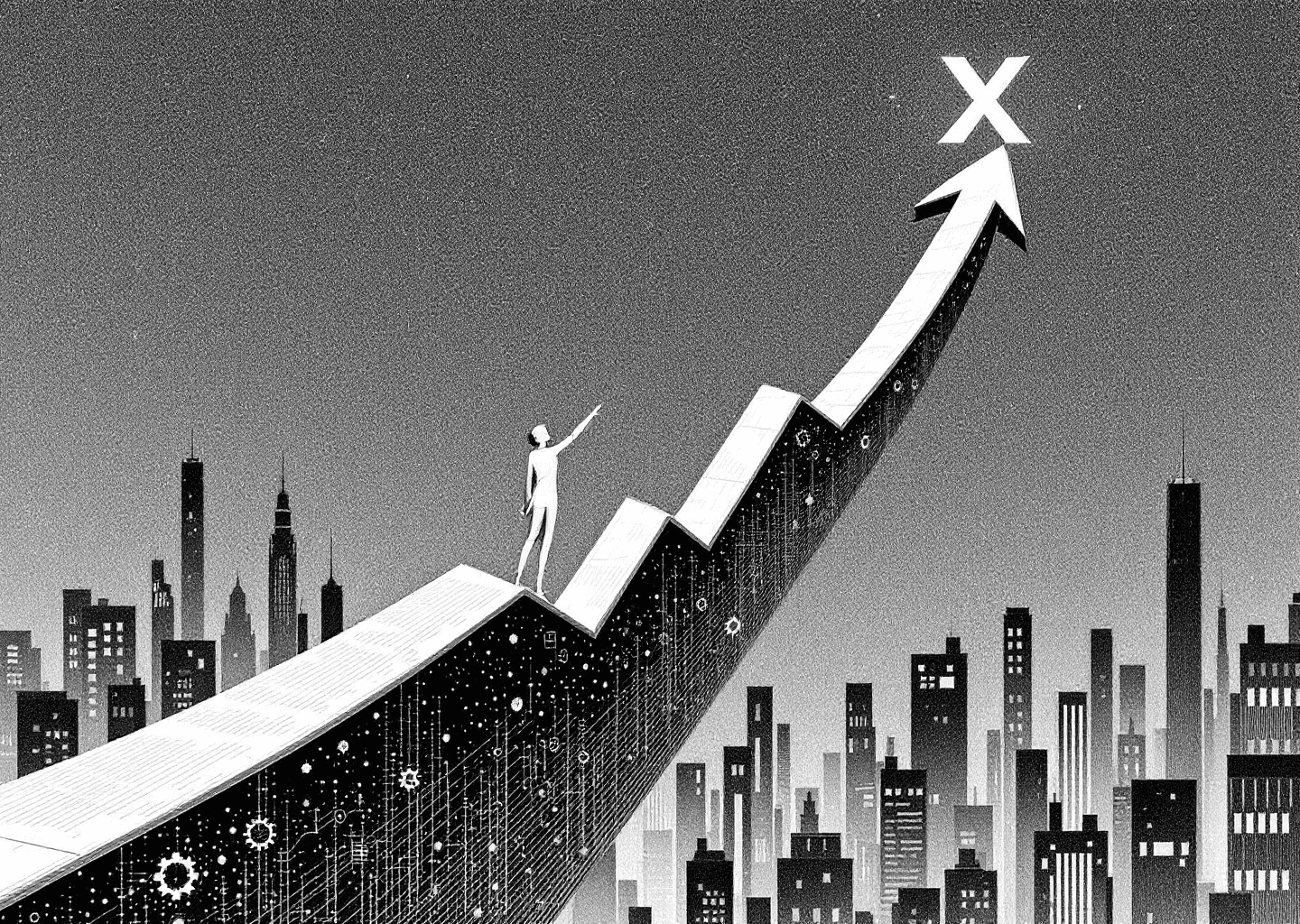 Victorian engraving style illustration of a figure standing on a rising stock chart arrow, pointing towards a large, glowing X/Twitter logo in the sky. The figure is interacting with a dashboard floating in mid-air, which has neural network patterns and gear icons on it. The background is a clean, minimalist cityscape, conveying a sense of modern progress through an old-world aesthetic.