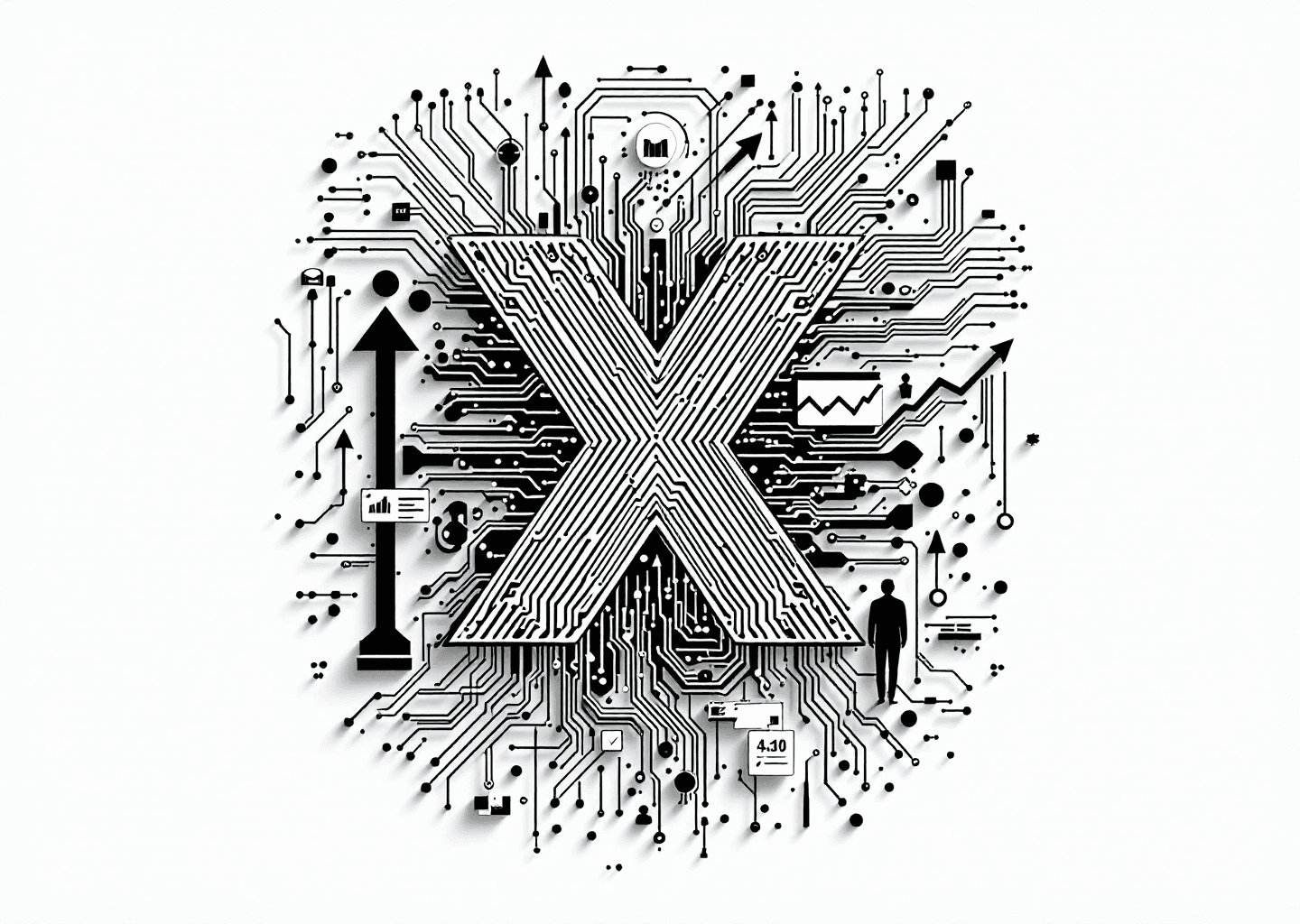 A Victorian engraving style illustration. A prominent 'X' logo made of intricate digital circuits. From the X, lines of data flow outwards, connecting to small icons of people and charts. An upward trending arrow is subtly integrated into the background. The style is detailed, monochrome, with a sense of intellectual authority.
