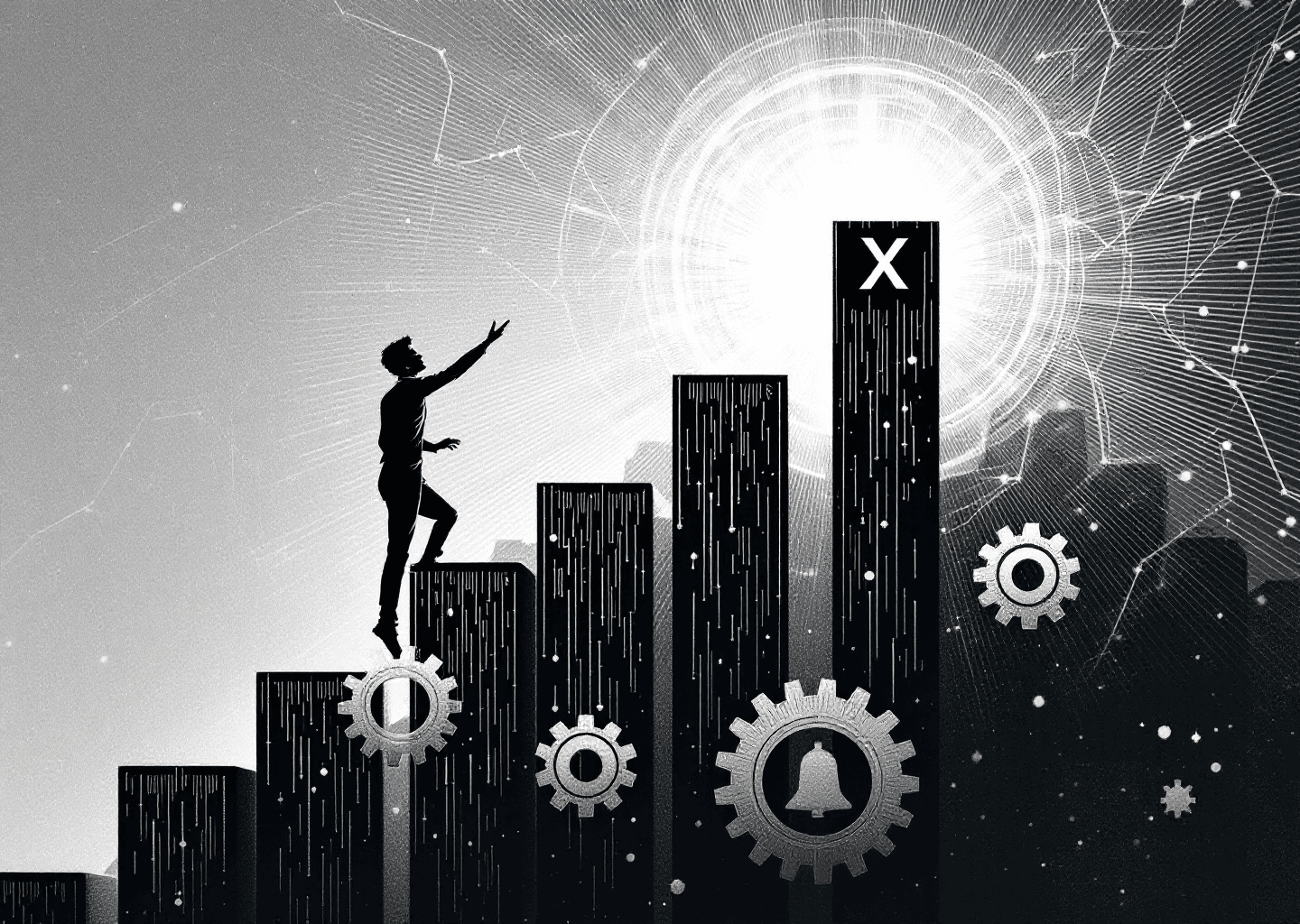 A Victorian engraving style illustration of a figure climbing a rising stock chart made of digital blocks. In the background, a subtle neural network pattern is visible. The figure is looking up at a stylized 'X' logo shining at the peak. Gears and notification bell icons are integrated into the chart's structure.