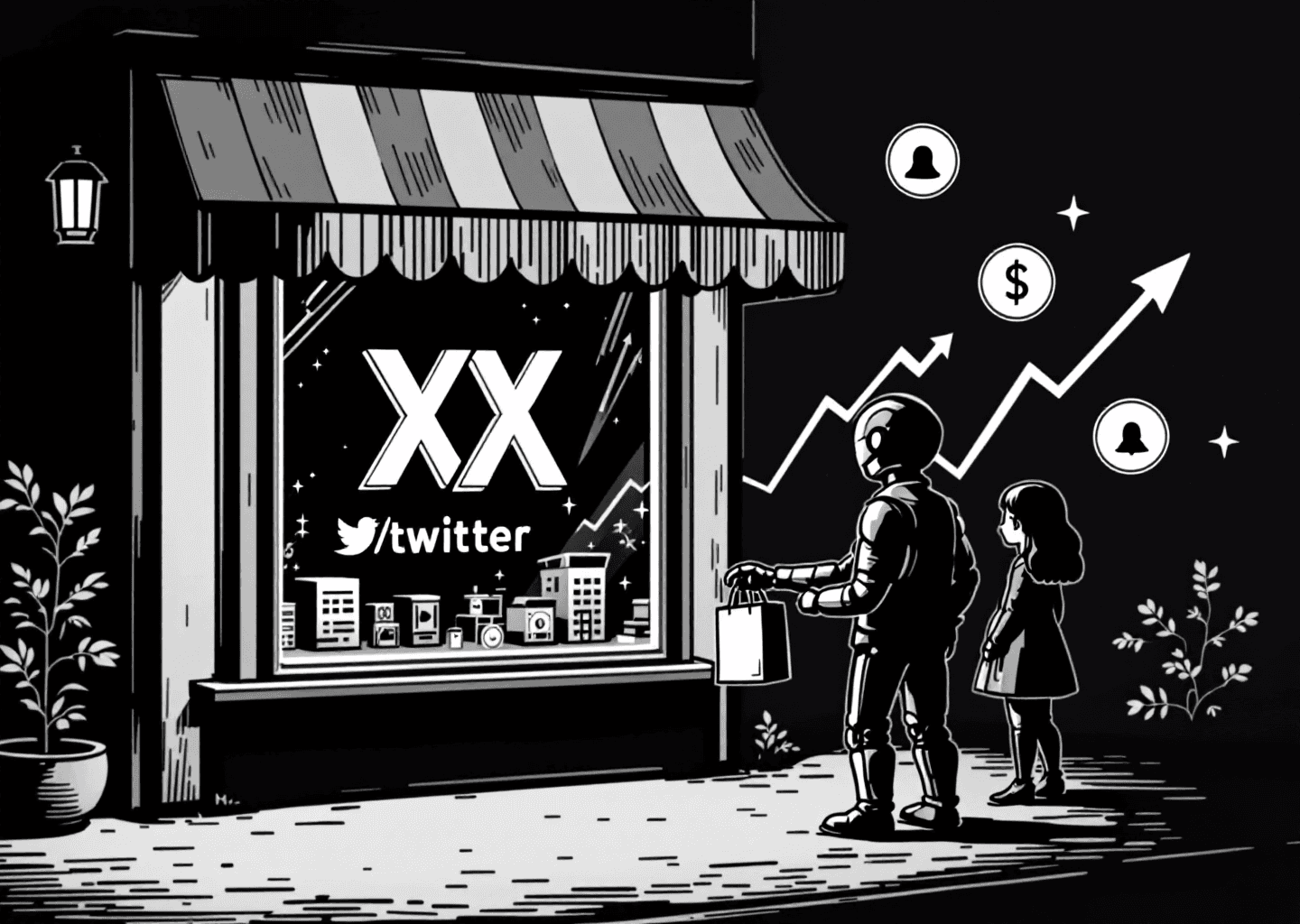 A Victorian engraving style illustration depicting a stylized retail storefront. Inside the window, a glowing X/Twitter logo is visible. A robotic arm (AI) is handing a shopping bag to a customer silhouette. Upward-trending chart lines and notification bell icons float in the background, creating a sense of digital growth and commerce.