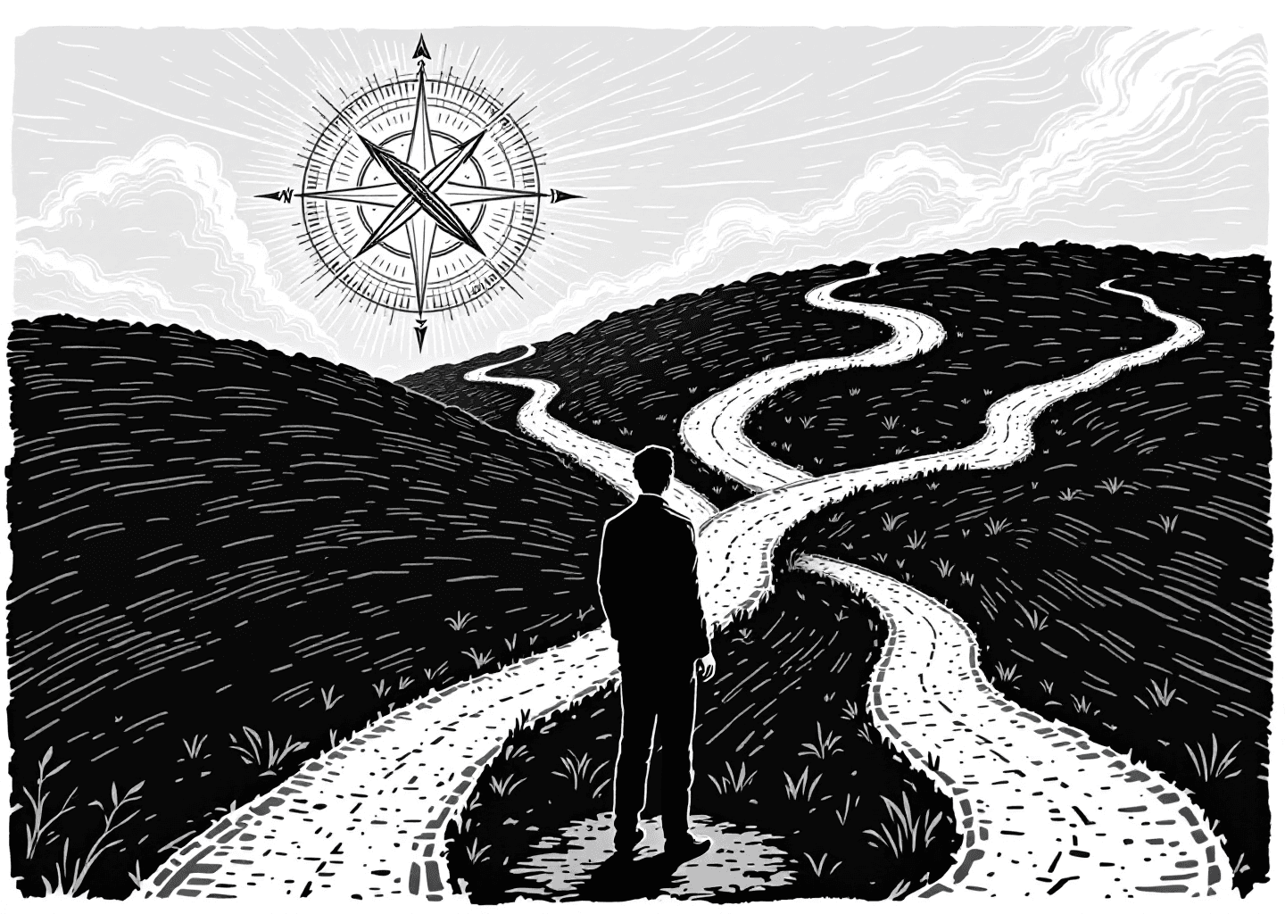 Victorian engraving style illustration. A thoughtful creator silhouette stands at a crossroads of winding paths. One path is wide and crowded, leading nowhere. The other paths are narrow, each marked with a different icon (a gear, a pen, a dollar sign). In the sky, a stylized X logo shines like a compass, with subtle digital patterns and upward-trending arrows integrated into its form. The style is detailed, black and white, with an authoritative and classic feel.