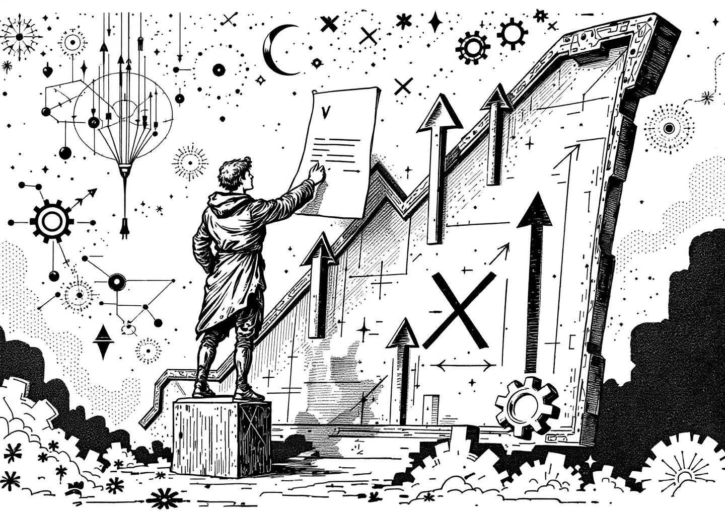 Victorian engraving style illustration of a figure standing on a giant X/Twitter bird icon, pinning a document with a large golden pin to a celestial chart showing upward growth arrows. The background has subtle neural network patterns and gear motifs, representing AI and tools. Clean, detailed linework.