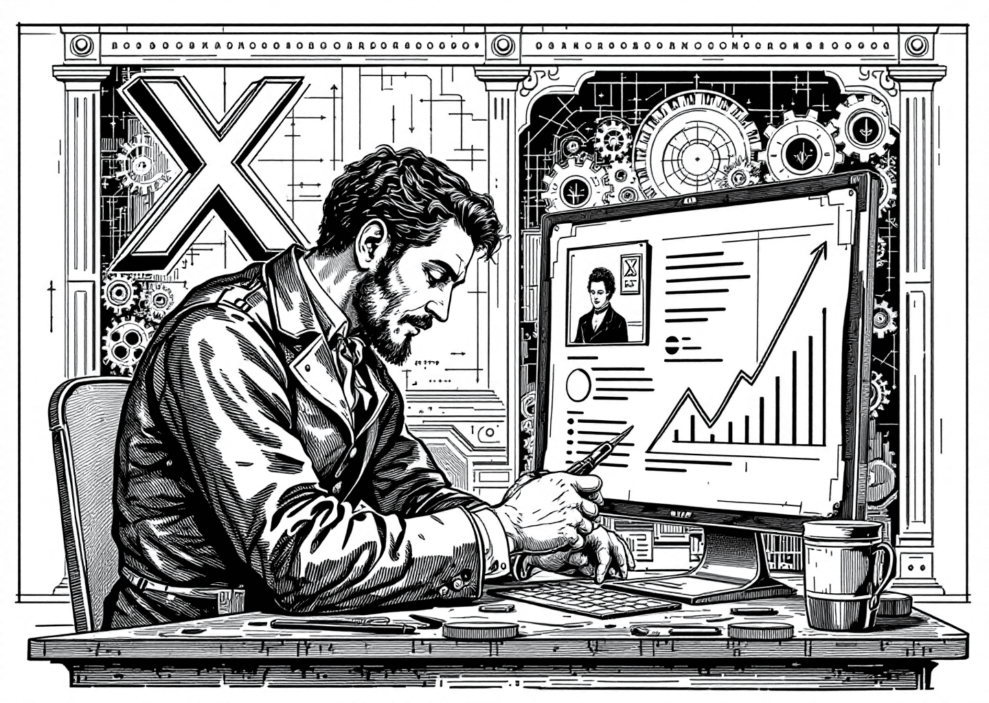 A Victorian engraving style illustration depicting a figure meticulously crafting a digital profile. The background shows a subtle X logo merged with a blueprint. Upward trending charts and gears are visible, symbolizing growth and optimization. The figure uses old-fashioned tools on a modern interface, blending historical and digital aesthetics.