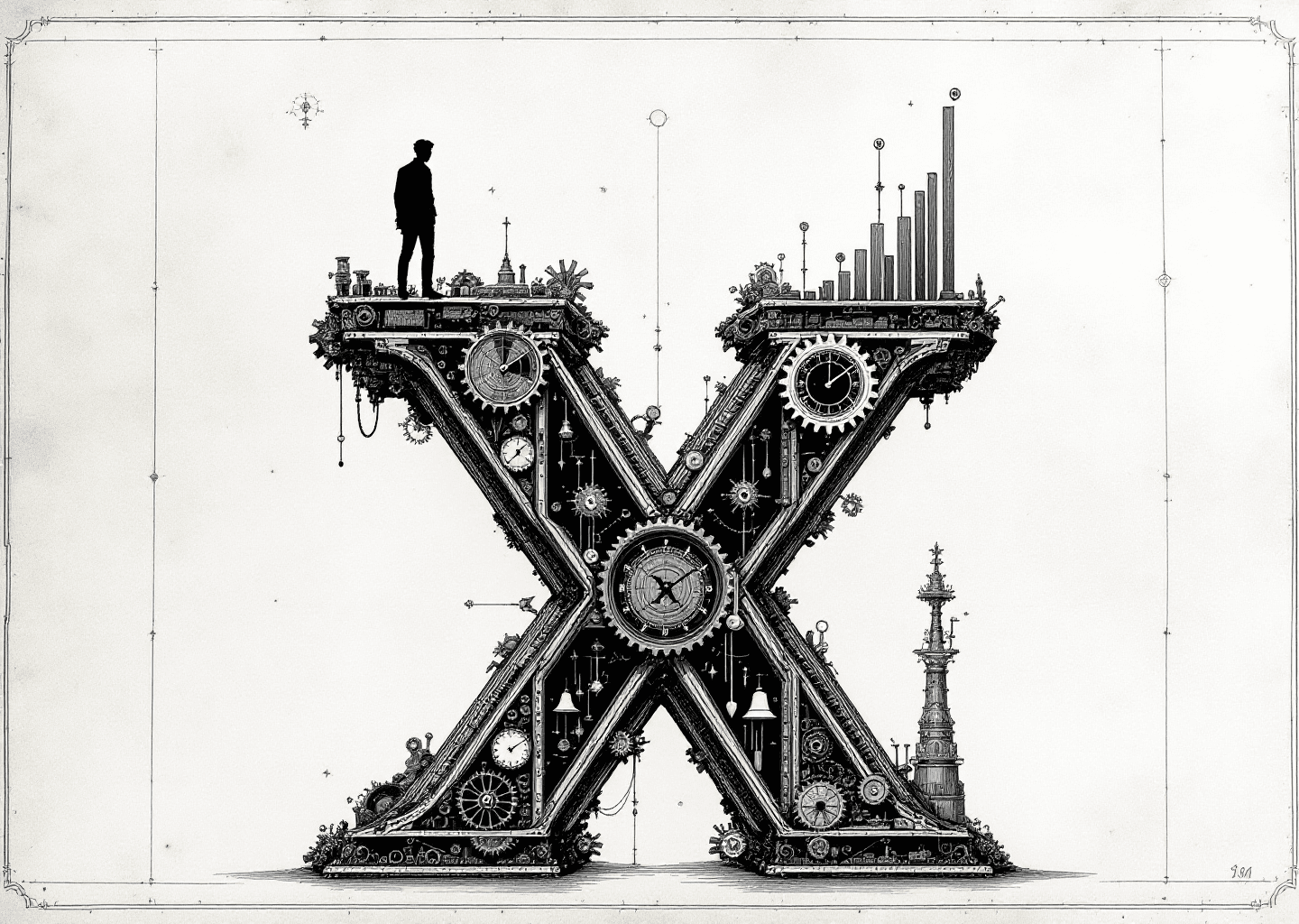 Victorian engraving style illustration. A prominent 'X' logo is constructed from gears and clockwork. A silhouette figure is climbing a bar chart that grows out of the X. The background features subtle neural network patterns and notification bell icons. Black and white, highly detailed, on an aged paper texture.