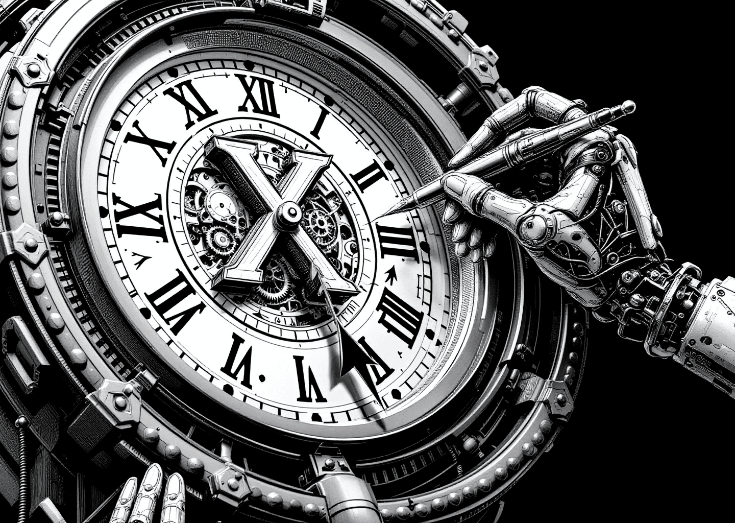 Victorian engraving style illustration of a large, ornate clock. The clock face is a stylized X logo. Intricate gears and mechanisms are visible inside the clock. An upward-trending stock chart arrow is etched into the clock's brass body. A robotic hand with delicate wiring is adjusting the clock's hands, which are shaped like classic fountain pens. Stark black and white, high detail.