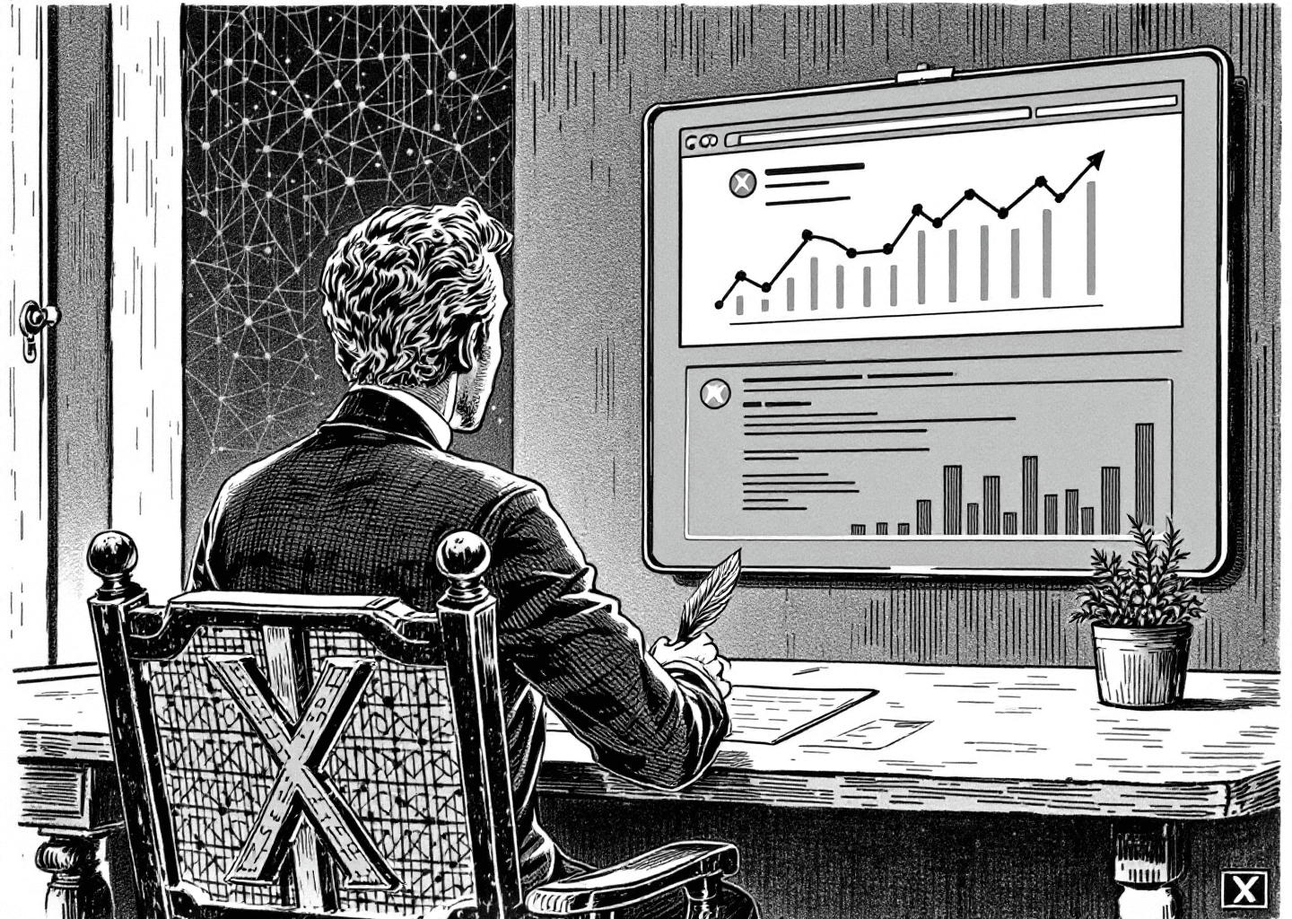 Victorian engraving style illustration of a person at a writing desk, a quill in hand. Behind them, a large screen displays an X/Twitter timeline with upward-trending engagement charts. Subtle neural network patterns and the X logo are integrated into the background. Monochromatic, high-detail.