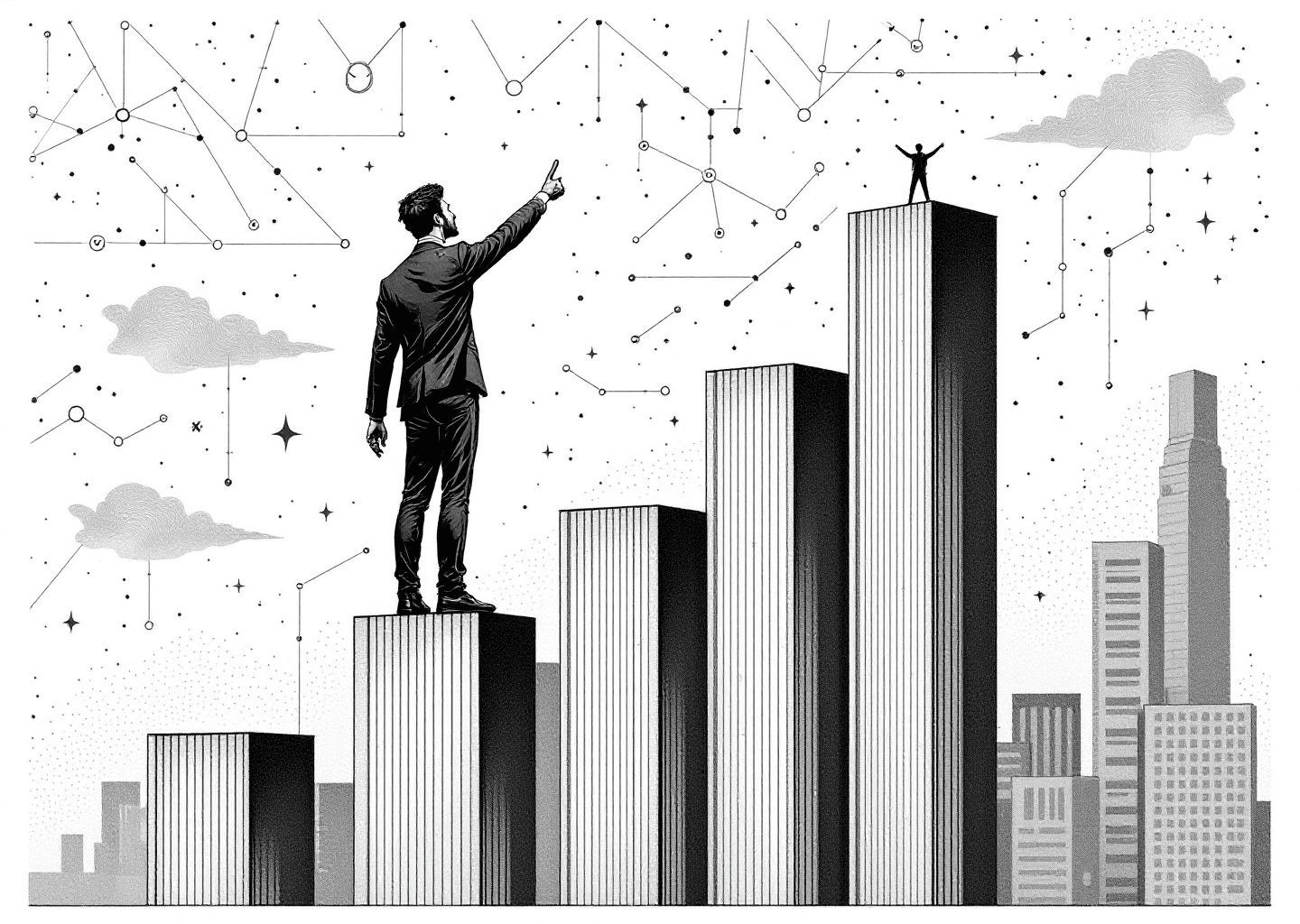 A Victorian engraving style illustration depicting a startup founder's journey on X. A central figure stands on a rising bar chart, pointing upwards. The background features a subtle network of neural patterns and faint X/Twitter UI elements like the logo and notification bells. The style is clean, detailed, and symbolic of strategic growth.