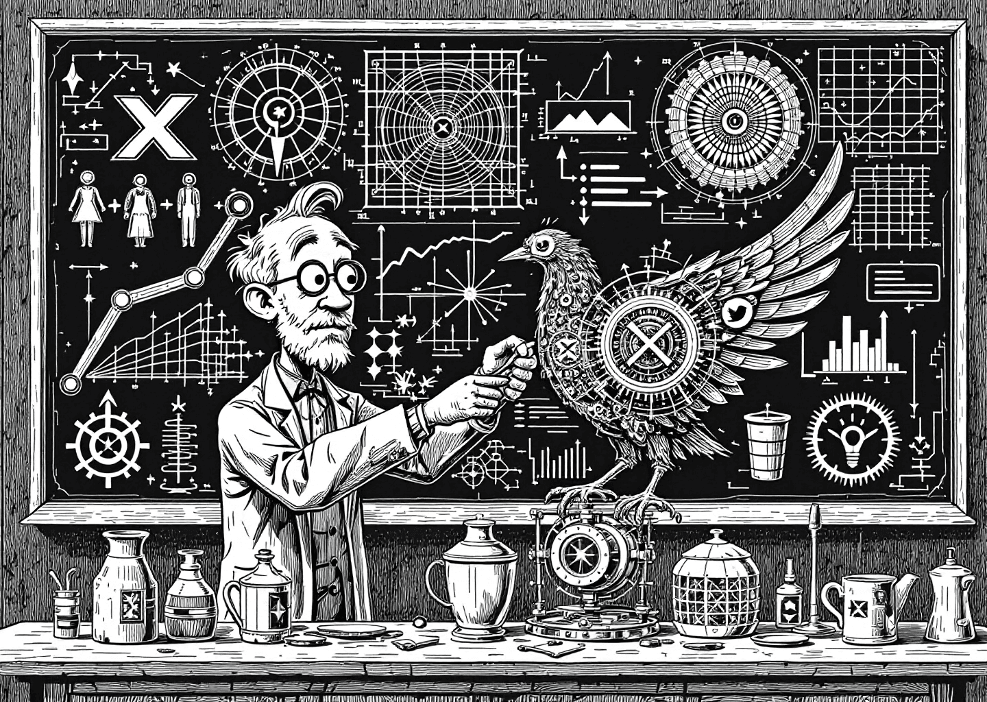 Victorian engraving style illustration. A scientist in a lab coat is meticulously assembling a clockwork bird with X/Twitter logo wings. The background features a large blackboard with chalk diagrams of viral post structures, upward-trending graphs, and neural network patterns. The overall scene conveys precision, formulaic construction, and digital growth.