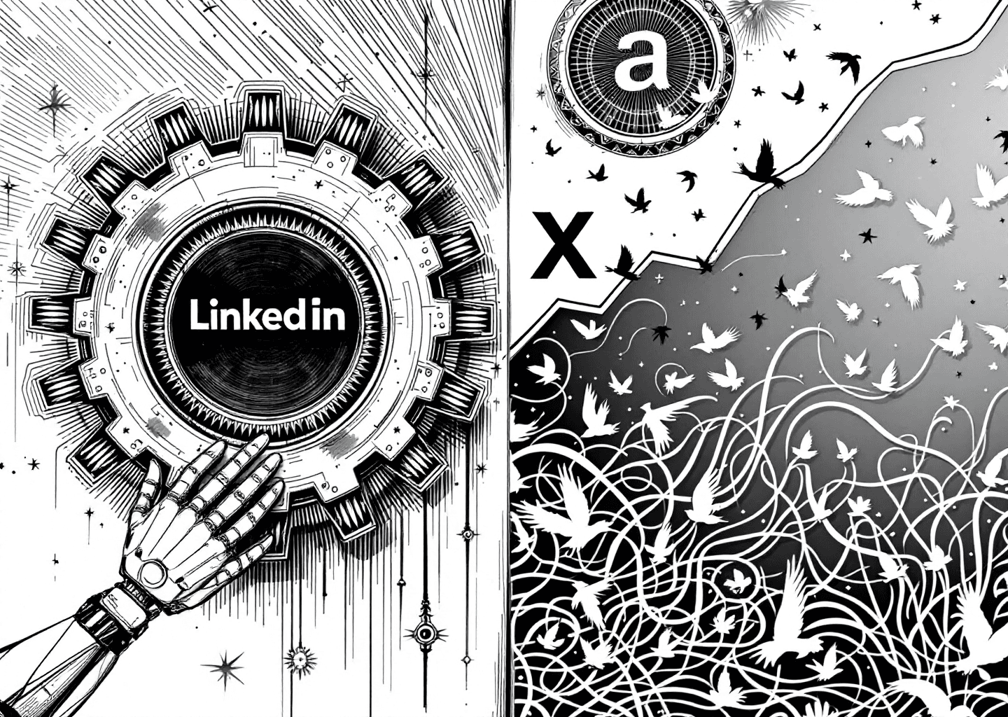 Victorian engraving style illustration. A split-screen image. On the left, a polished, ornate gear with a LinkedIn logo motif. On the right, a chaotic but energetic network of lines and nodes with an X logo at the center, with small bird icons flying out. An upward trending graph line crosses the center divide. A subtle robotic hand is drawing the graph line, symbolizing AI-powered growth.