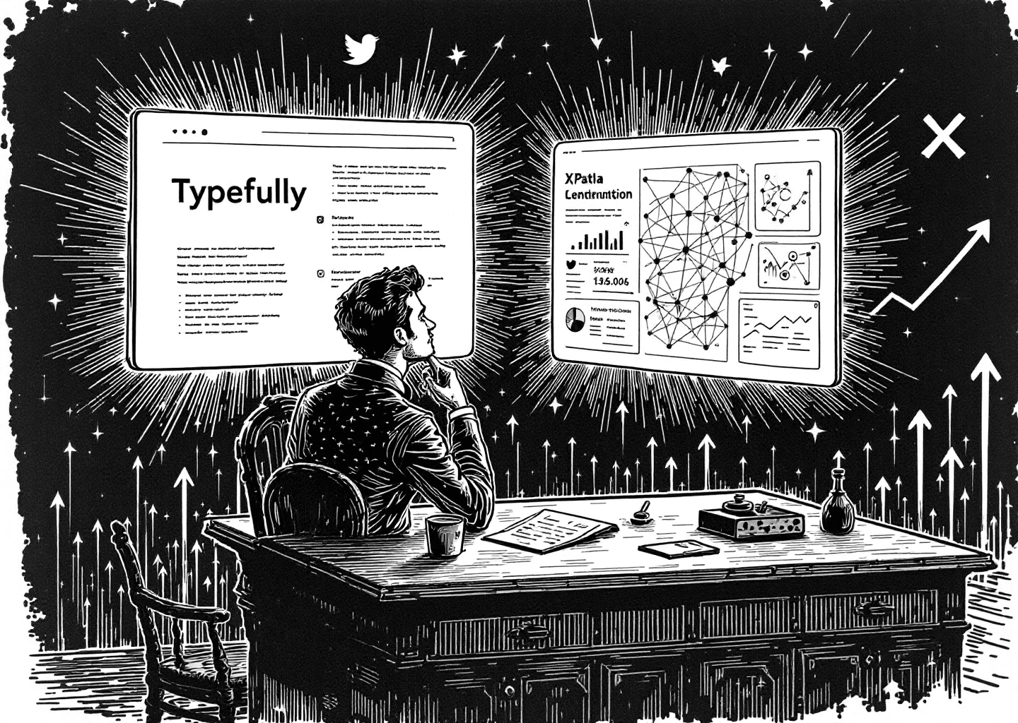 A Victorian engraving style illustration. A thoughtful figure sits at a writing desk, comparing two glowing interfaces. One interface is minimalist and clean (representing Typefully), the other is complex with charts, graphs, and neural network patterns (representing XPatla). X/Twitter bird logos and upward-trending arrows are subtly integrated into the background.