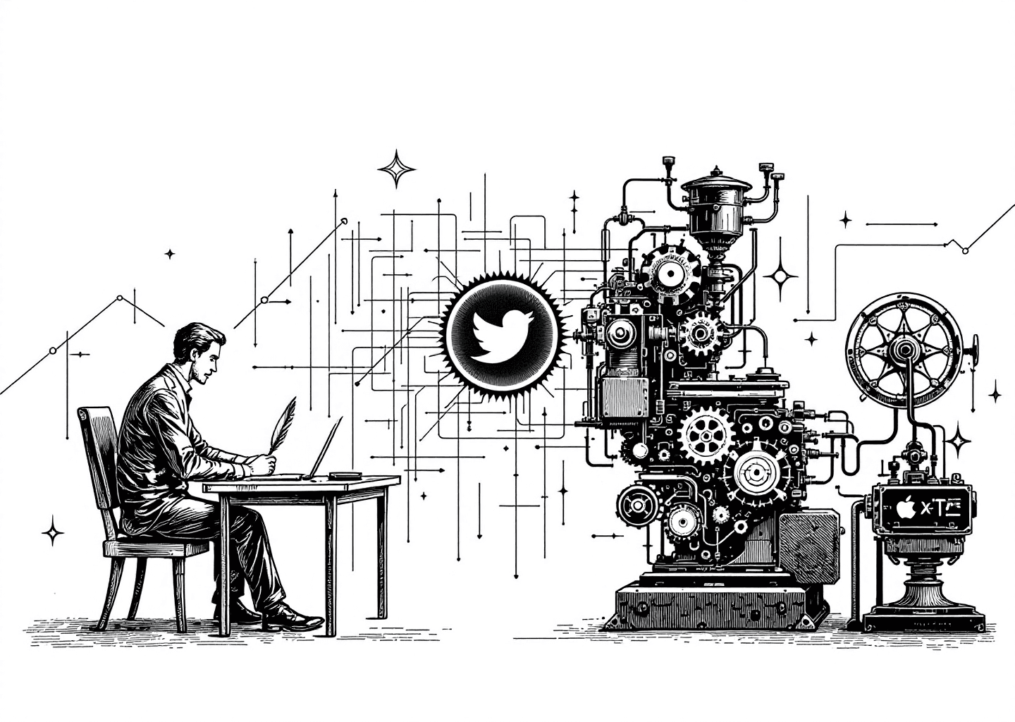 Victorian engraving style illustration of two distinct figures on opposite sides. On one side, a minimalist writer at a clean desk with a single quill, representing Typefully. On the other side, a busy engineer operating a complex machine with many gears and levers, representing Hypefury. In the center, a subtle, glowing X/Twitter logo. The background has faint upward-trending chart lines and digital patterns, symbolizing growth.