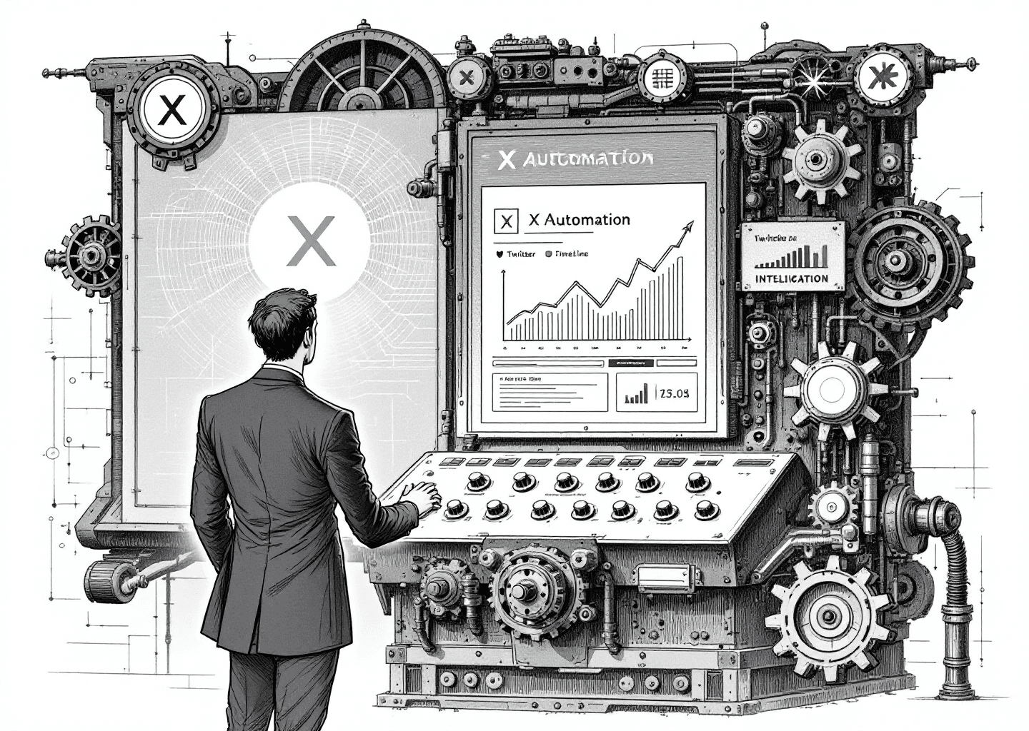 Victorian engraving style illustration. A figure stands before a large, ornate control panel with gears and levers, labeled 'X Automation'. The panel's screen shows an X/Twitter timeline with upward-trending charts. In the background, subtle neural network patterns glow, and a stylized X logo is integrated into the machinery's design. The overall mood is one of control, precision, and intelligent growth.