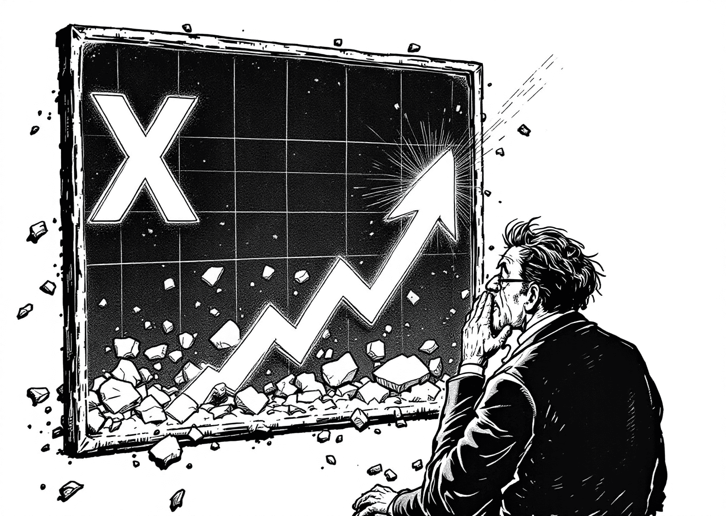 A Victorian engraving style illustration of a frustrated figure looking at a flatlining stock chart. In the background, subtle elements of the X/Twitter logo are crumbling, while a single, glowing upward arrow tries to break through the chart. The style is detailed, monochrome, with a sense of stagnation and a glimmer of hope.