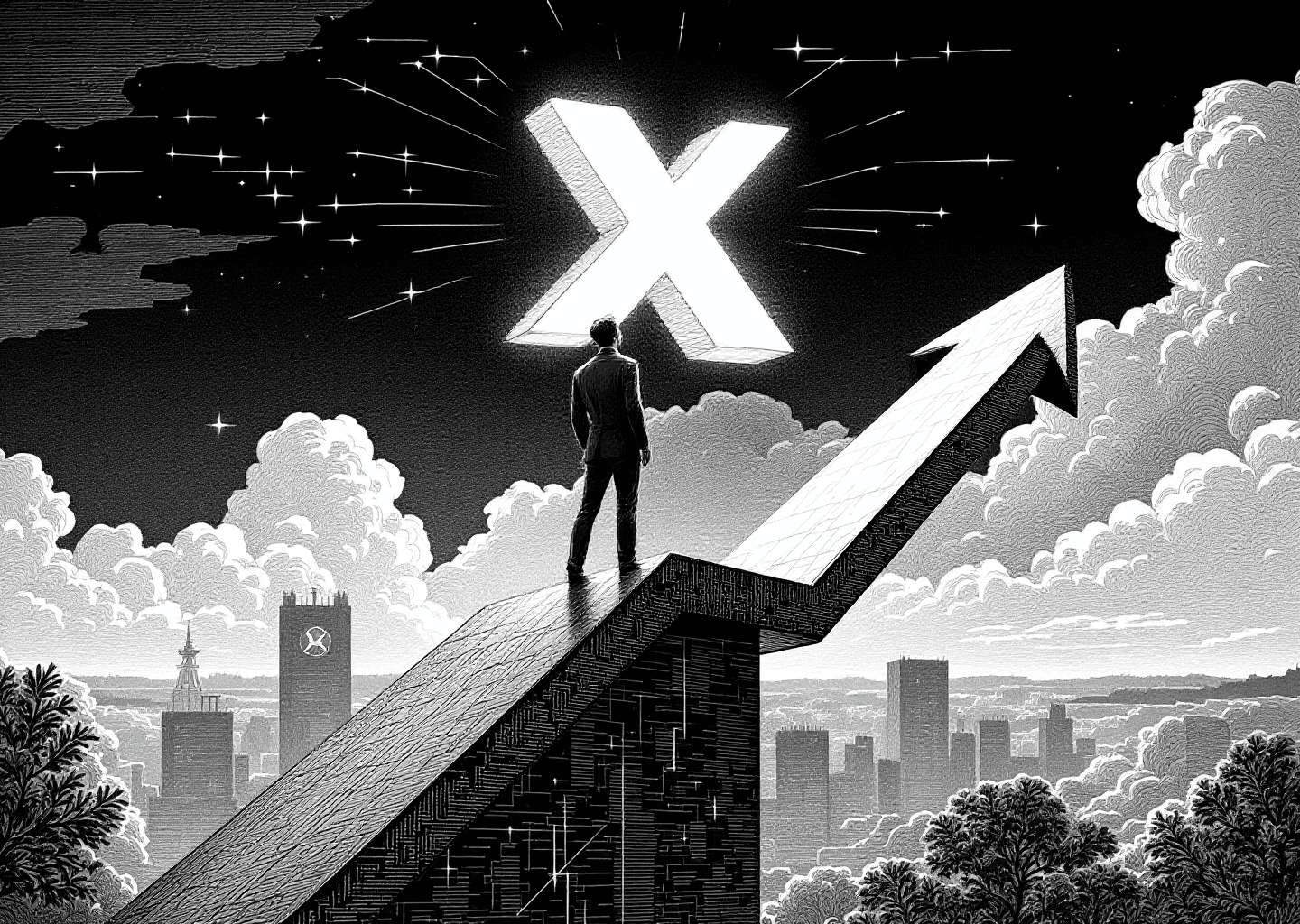 A Victorian engraving style illustration of a businessperson standing on a rising stock chart arrow, looking at a large, glowing 'X' logo in the sky. The background includes subtle elements of a digital timeline, notification bells, and neural network patterns, blending classic business ambition with modern tech.