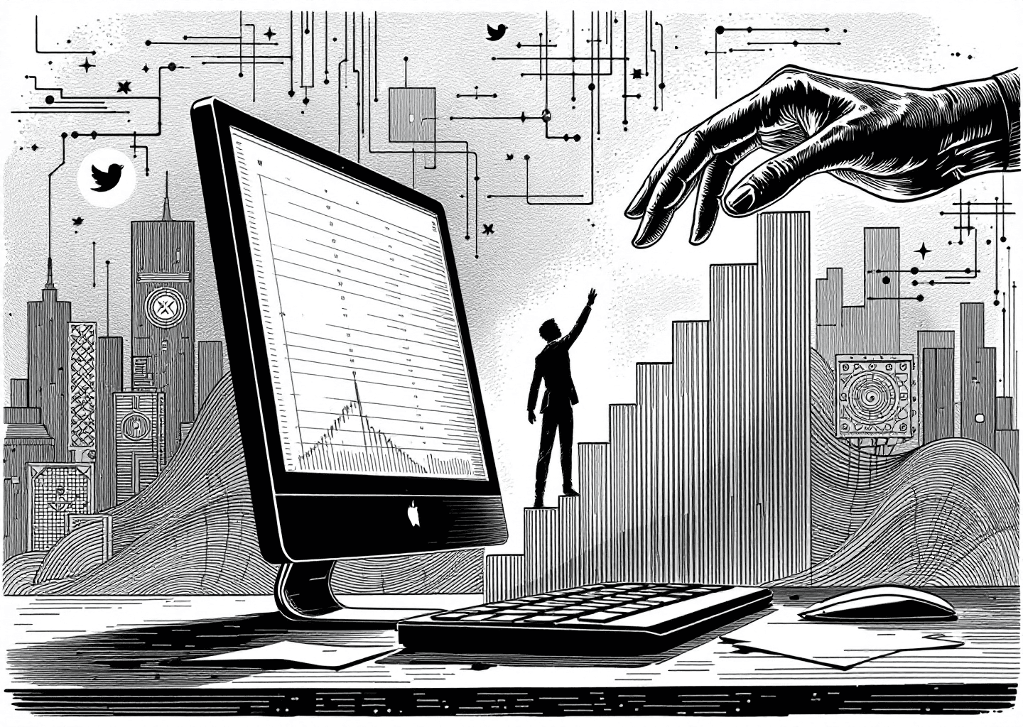 A Victorian engraving style illustration showing a friendly human hand extending from a sleek, modern computer screen (representing support) to help a silhouette figure climb a steep upward-trending graph. In the background, subtle digital patterns and small X/Twitter bird logos are etched into the scene. The overall tone is helpful, sophisticated, and growth-oriented.