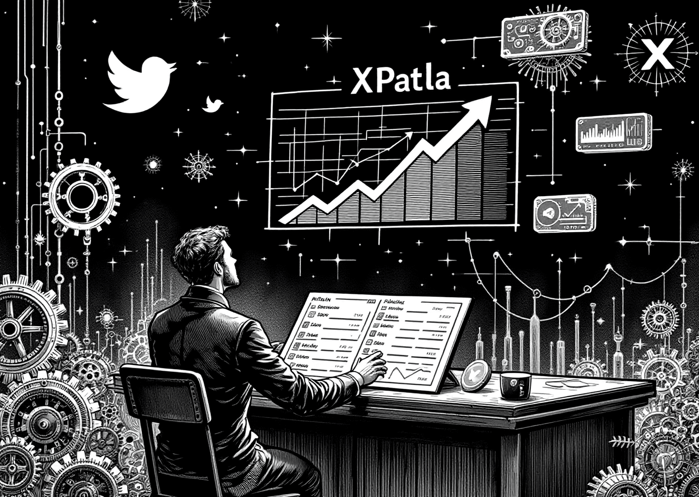 A Victorian engraving style illustration depicting a central figure at a futuristic dashboard, comparing multiple pricing charts that are floating in the air. One chart, labeled 'XPatla', has a clear, ascending arrow of growth, while others are tangled in complex gears and chains. In the background, subtle X/Twitter bird logos and neural network patterns are etched into the scene.