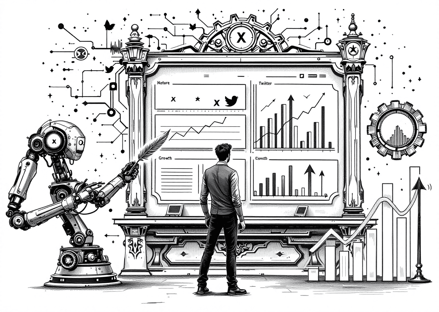 Victorian engraving style illustration. A central figure, a creator, stands before a large, ornate dashboard with charts and graphs. The dashboard is embedded with subtle X/Twitter bird logos. To the left, a robotic arm with a quill pen writes on a timeline, symbolizing AI content creation. To the right, a gear system with upward-pointing arrows represents growth. The background has faint neural network patterns. Clean, detailed linework on an off-white background.