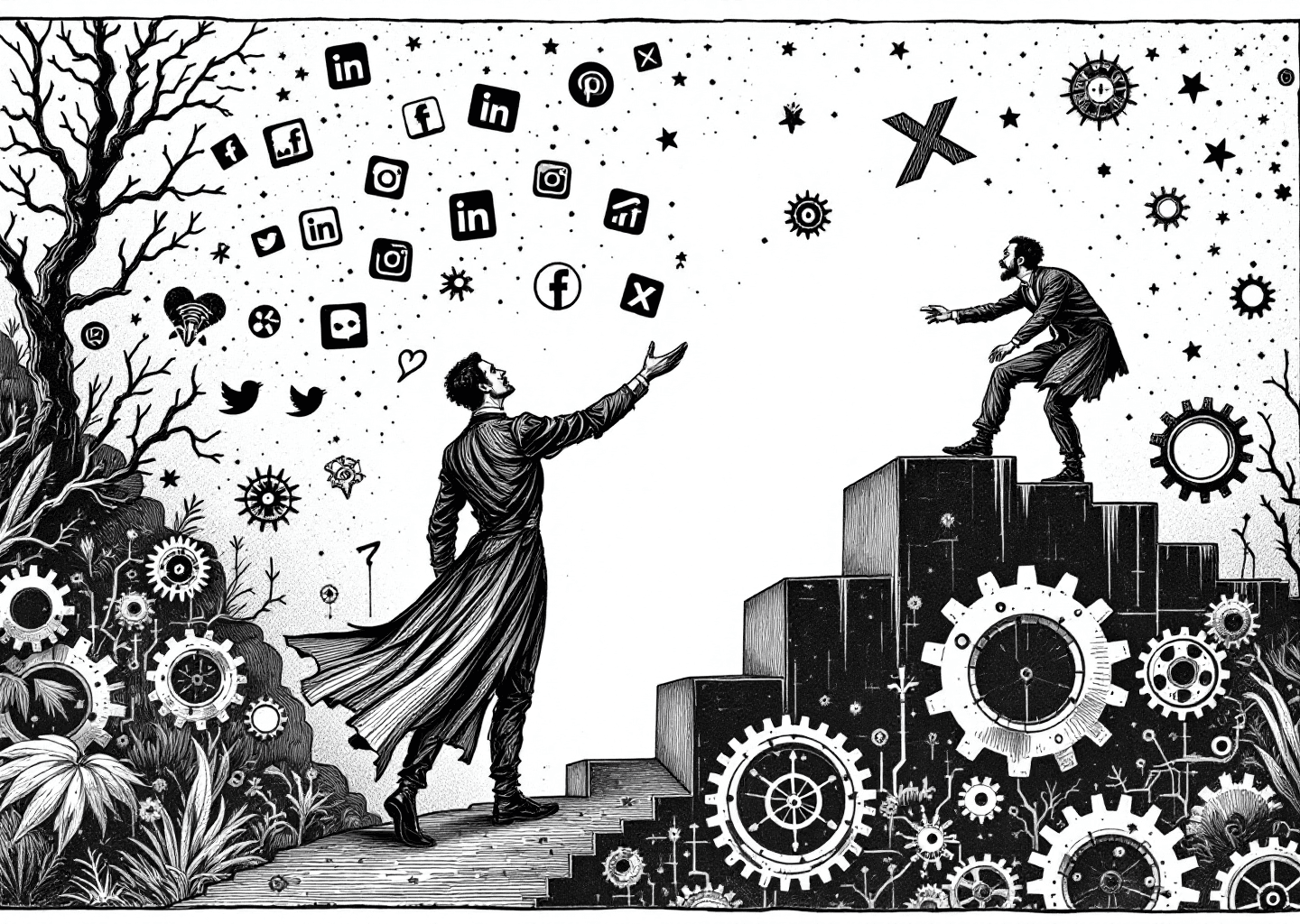 A Victorian engraving style illustration depicting a choice between two paths. On one side, a figure juggles multiple social media icons (LinkedIn, Instagram, Facebook). On the other, a figure climbs a steep upward chart marked with an 'X' logo. In the background, subtle elements of AI neural patterns and gears are visible. The style is detailed, black and white, with a serious, analytical tone.
