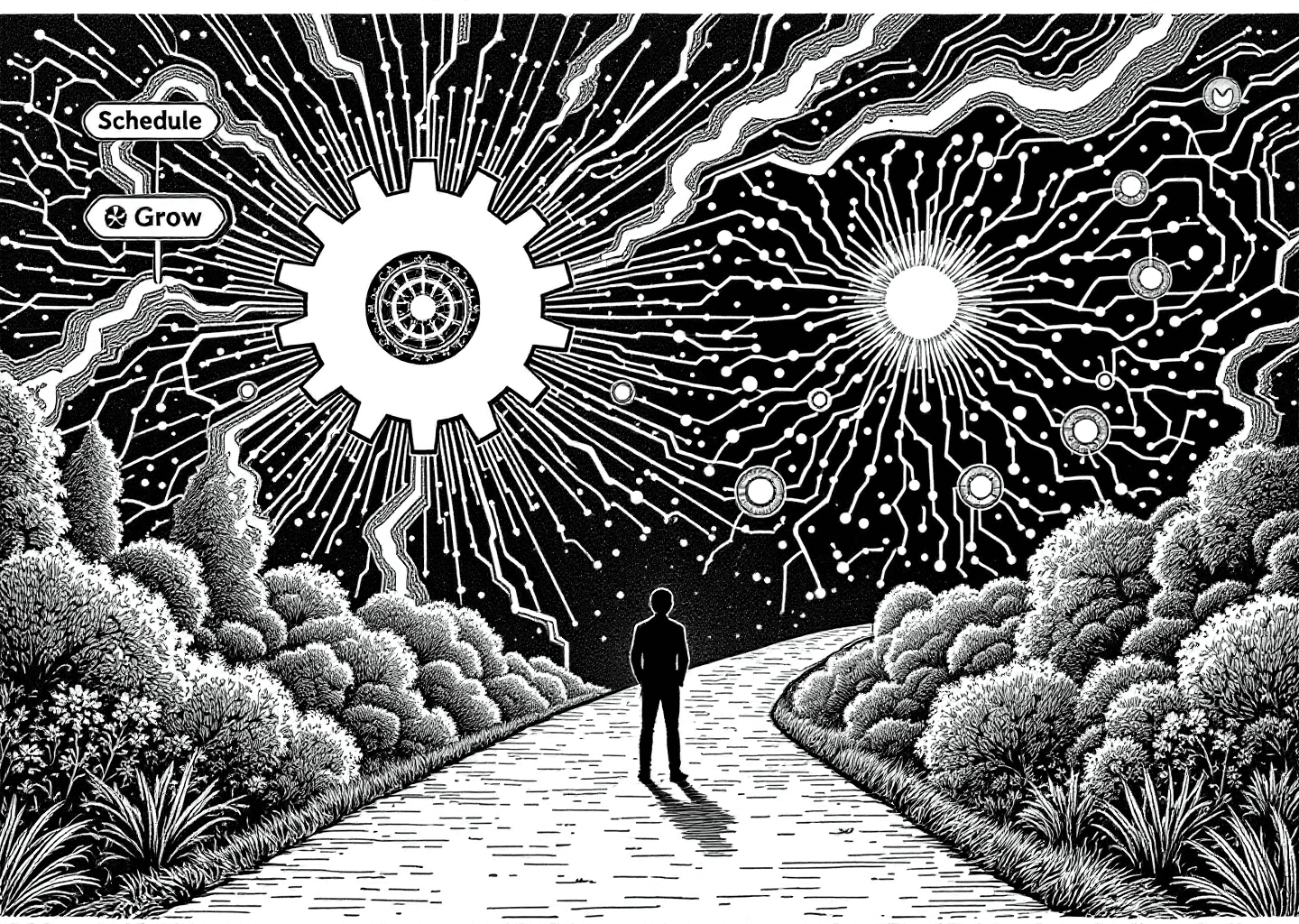 A Victorian engraving style illustration depicting a choice between two paths. On one side, a simple mechanical gear labeled 'Schedule' (representing Buffer). On the other, a complex, glowing neural network pattern labeled 'Grow' (representing XPatla). A silhouette figure stands at the crossroads, with faint X/Twitter logos and upward-trending charts in the background. Stark black and white with high detail.