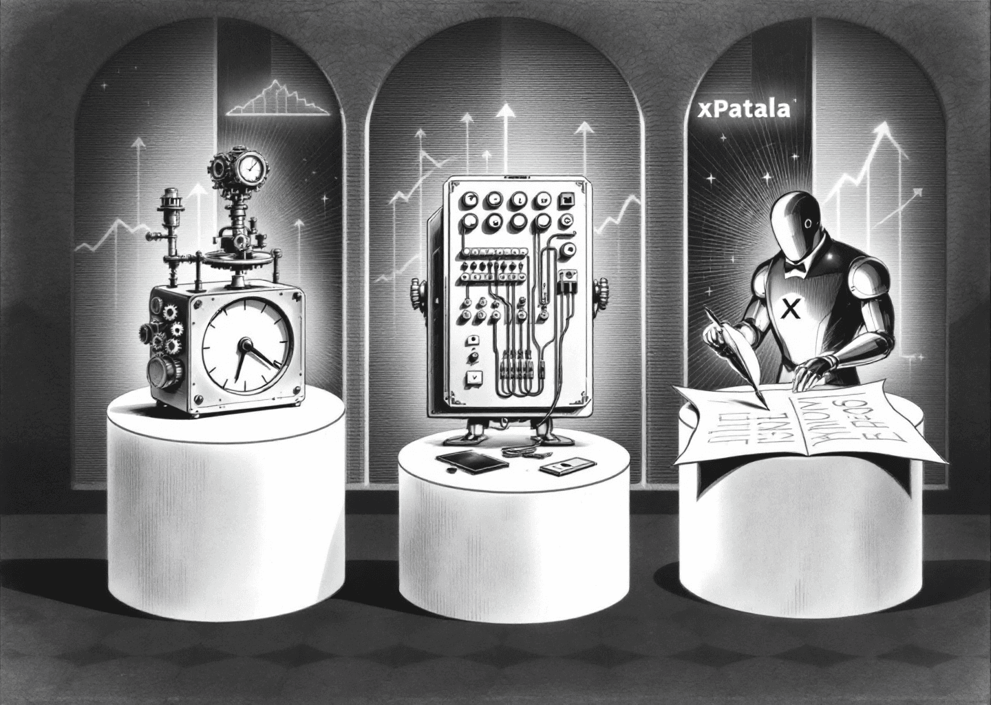 Victorian engraving style. A triptych showing three distinct pedestals. On the left, a simple clockwork scheduling device with multiple gears representing Buffer. In the center, a complex telephone switchboard with many wires going to different social media icons, representing Hootsuite. On the right, a sleek, glowing automaton with a subtle 'X' logo on its chest, writing with a quill on a digital scroll, representing XPatla. Upward growth charts are faintly etched in the background.