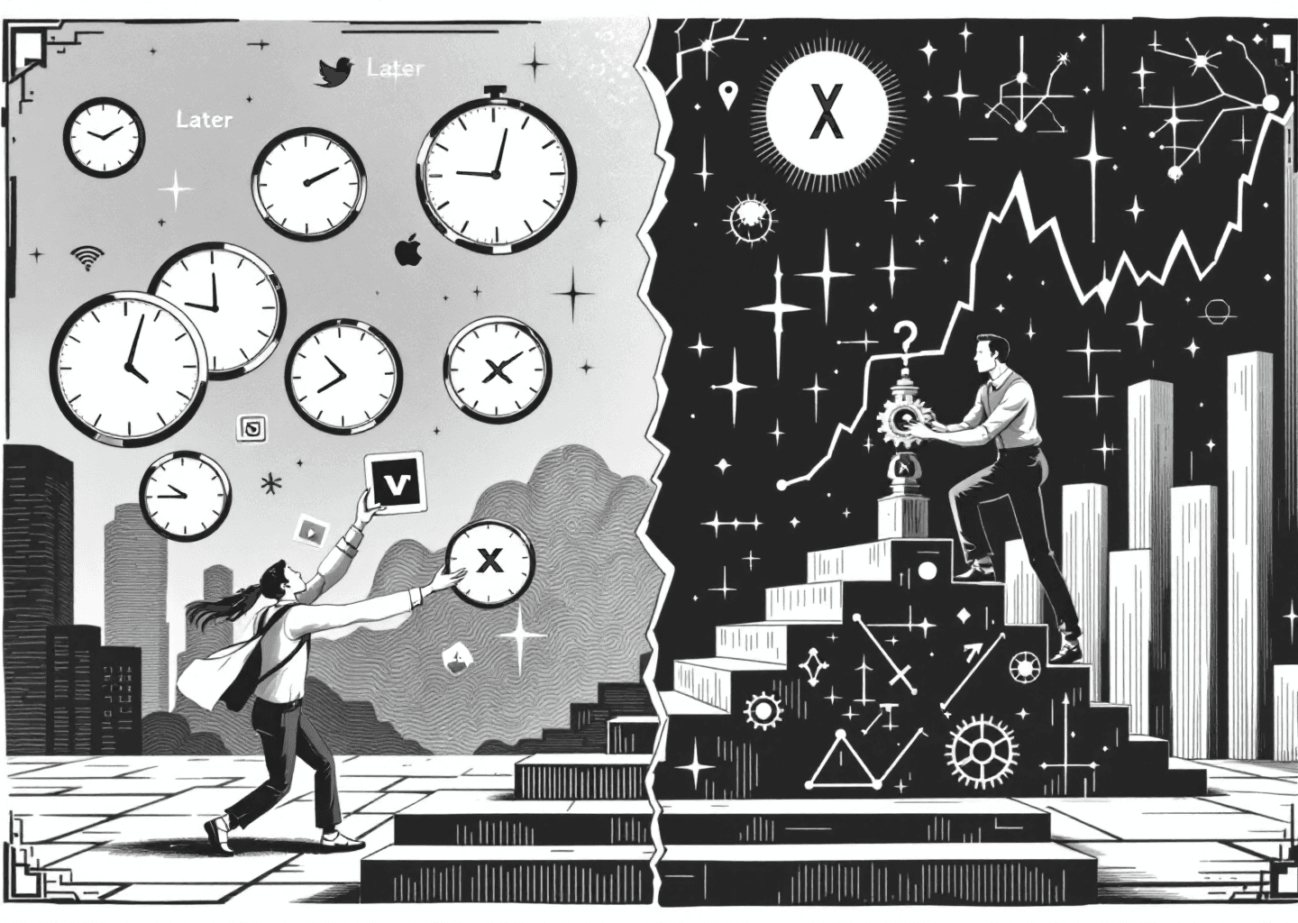 A Victorian engraving style illustration depicting a choice between two paths. On one side, a figure juggles multiple clocks representing different social media platforms (Later). On the other, a focused figure uses a precise, gear-like tool to build a staircase with an 'X' logo at the top (XPatla). The background features subtle neural patterns and upward-trending charts, symbolizing AI-driven growth.