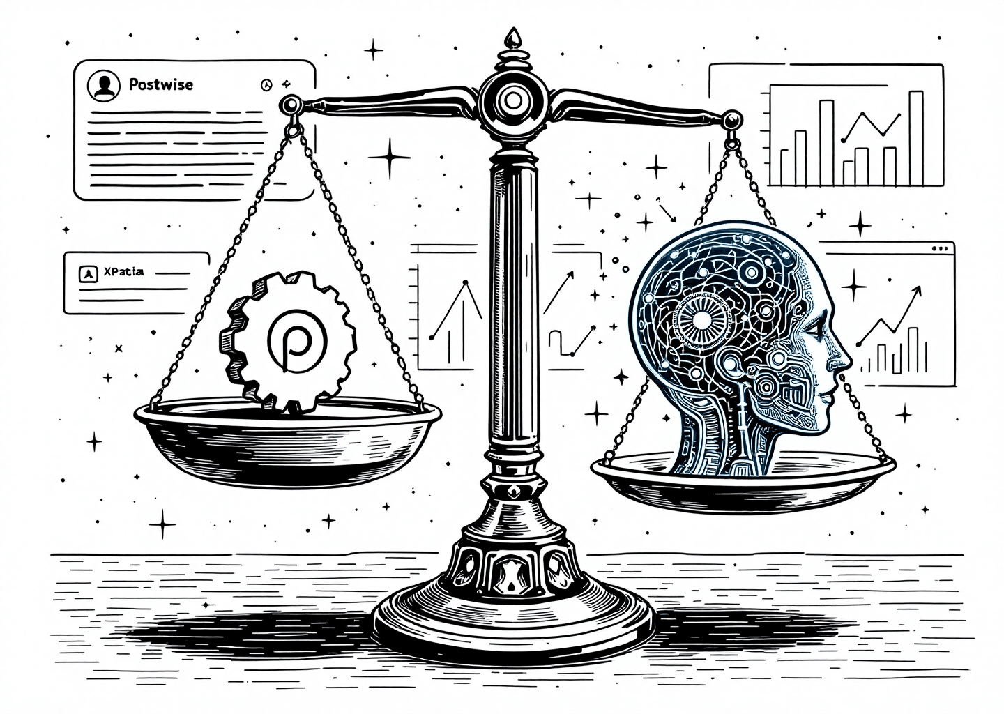 Victorian engraving style illustration of a scale balancing two objects. On one side, a simple gear representing Postwise. On the other side, a complex, glowing automaton head with neural patterns, representing XPatla's style-matching AI. In the background, subtle elements of an X/Twitter feed and upward-trending charts, all in a clean black and white line art style.