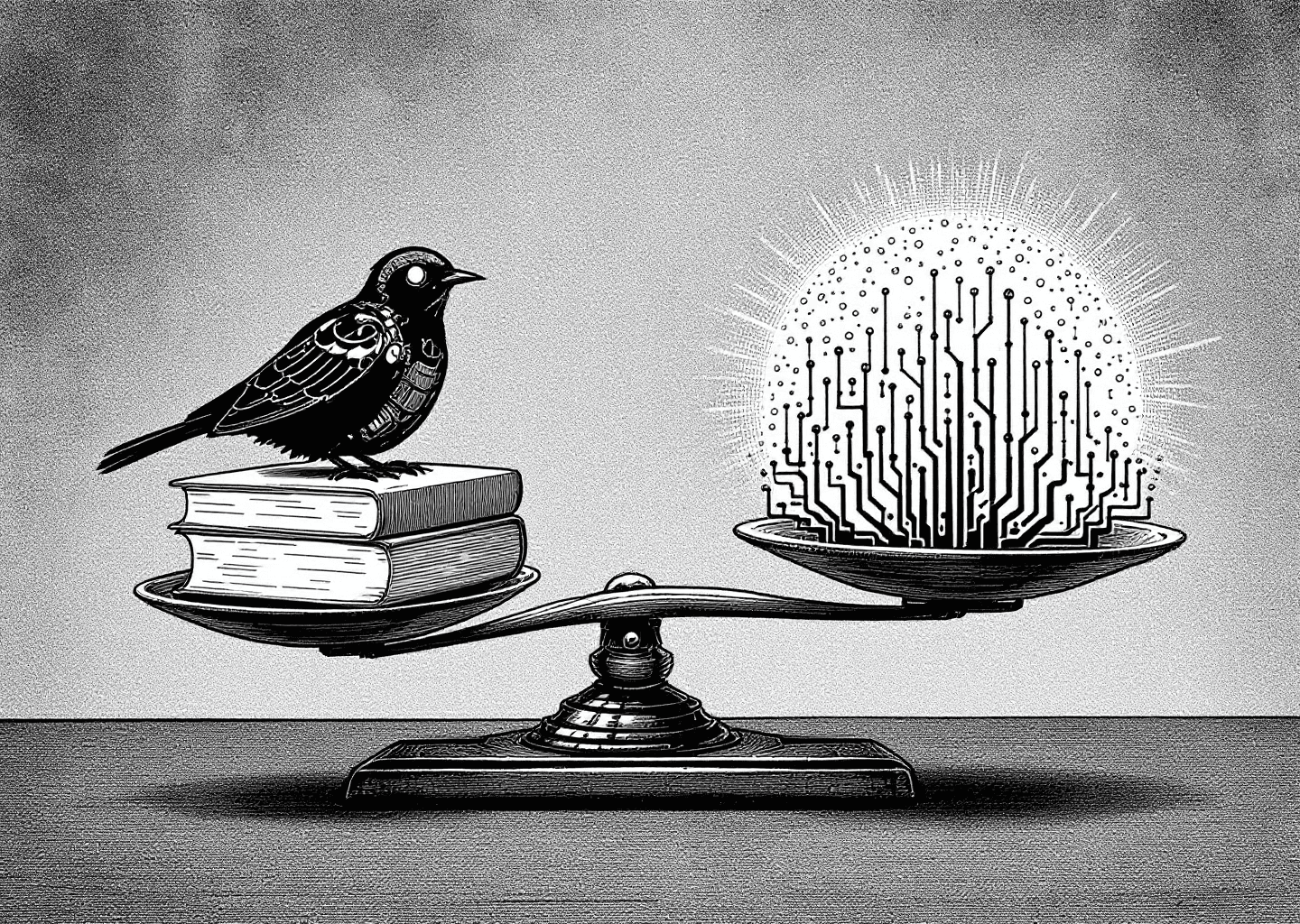 A Victorian engraving style illustration depicting a set of classic balance scales. On one side, a mechanical bird (representing TweetHunter) sits on a stack of books. On the other side, a glowing, abstract neural network pattern (representing XPatla's AI) perfectly balances it. In the background, subtle elements of an X/Twitter feed and upward-trending charts are etched. The overall mood is intellectual and analytical.