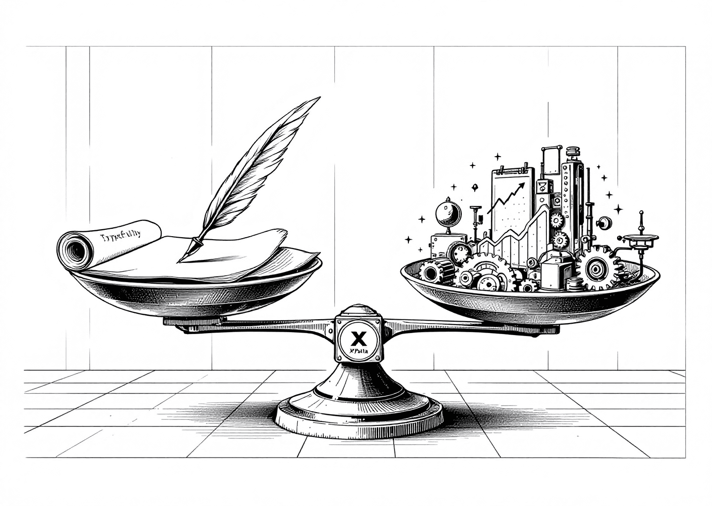 A Victorian engraving style illustration depicting a balanced scale. On one side, a minimalist, elegant quill pen writing on a clean scroll (symbolizing Typefully). On the other side, a complex, glowing automaton with neural network patterns, actively operating multiple gears and levers connected to an upward-trending chart (symbolizing XPatla). The X/Twitter bird logo is subtly engraved at the fulcrum of the scale. The background is a clean, technical drawing grid.
